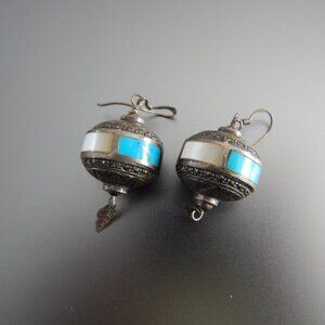 Multi stone earrings, silver with turquoise, mother of pearl, carnelian.